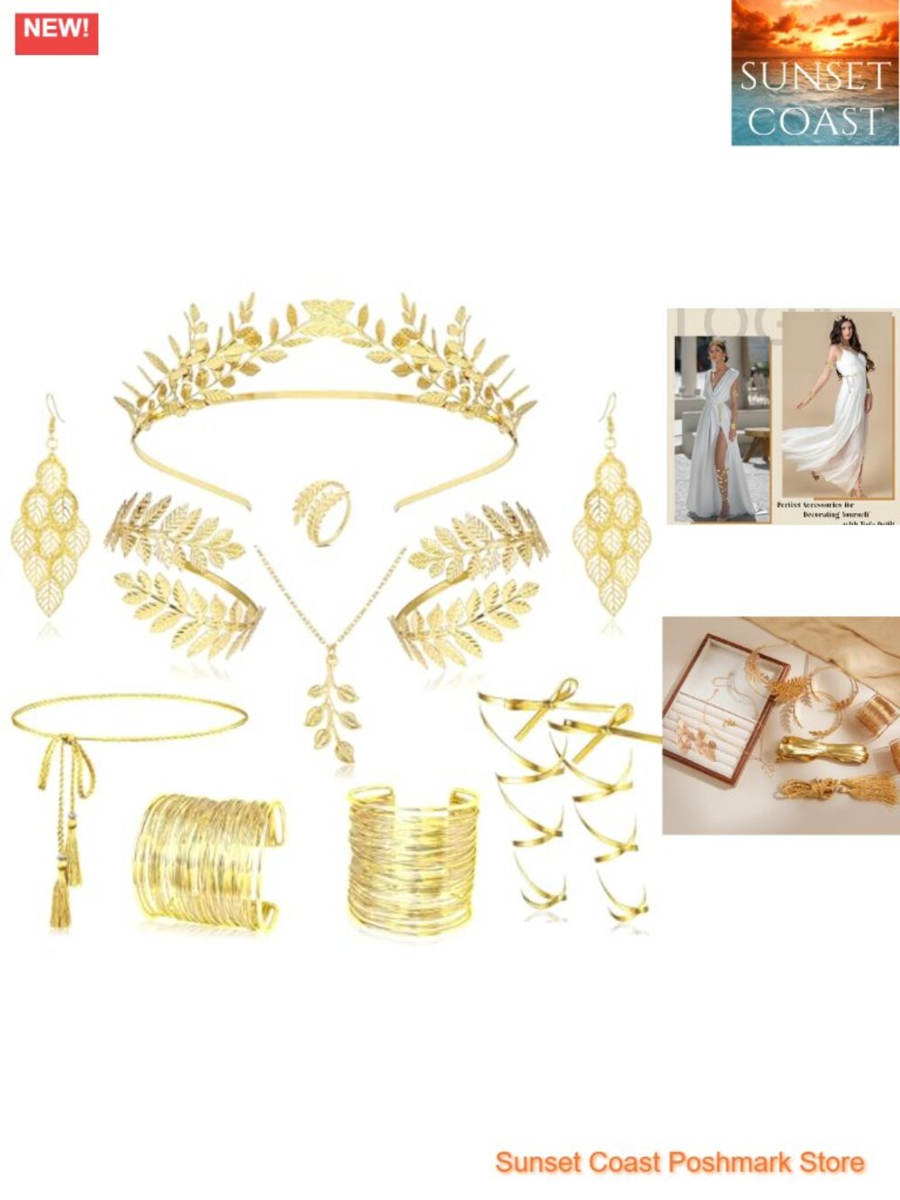 11PC Gold Plated Greek Goddess Toga Costume Jewelry Set for Women
